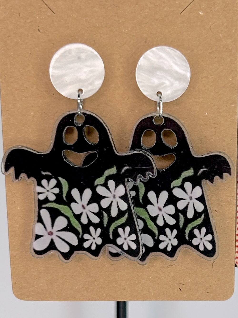 Floral Ghost Dangle Earrings Stud - Black & White Fashion Jewelry Halloween